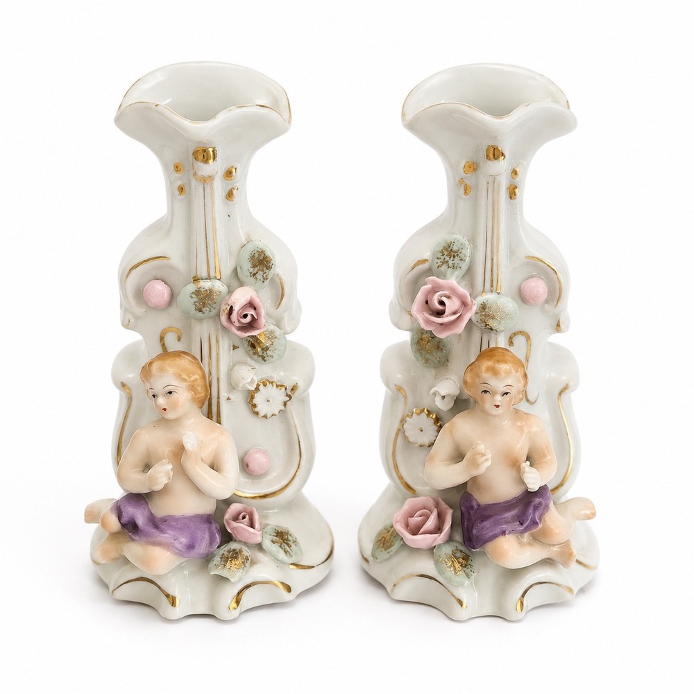 Vintage Ucagco Bone China Cherub Bud Vase Pair Japan Porcelain Pink Roses Gold